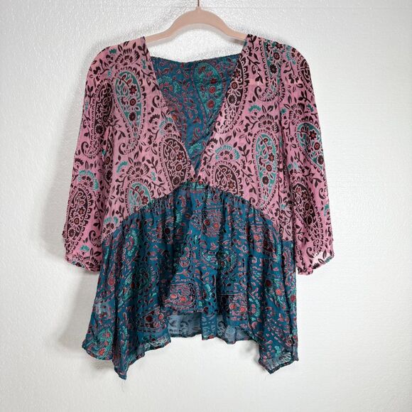 Anthropologie Floreat Valo Velvet Burnout Boho Silk Blend Teal Pink Top S - Picture 3 of 12